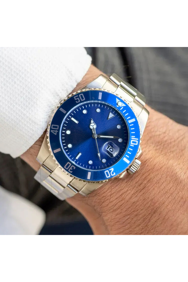 Premium Series Silver Color Blue Dial Steel Band Men Wrist Watch in Special Box