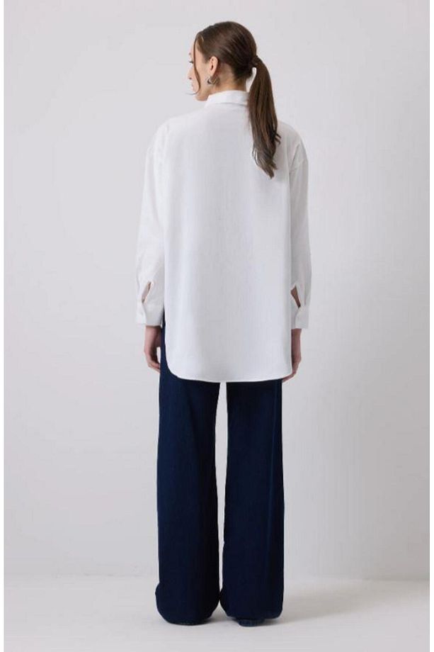 Önü Nakışlı Oversize Gömlek Ekru - 5