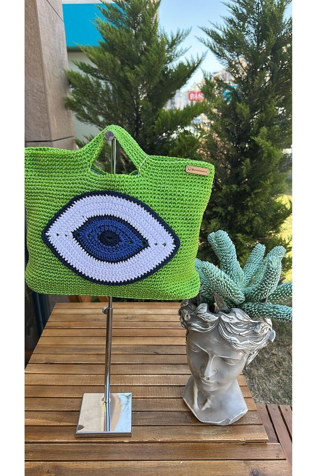 Women's Evil Eye Bead Detailed Knitted Design Handbag
