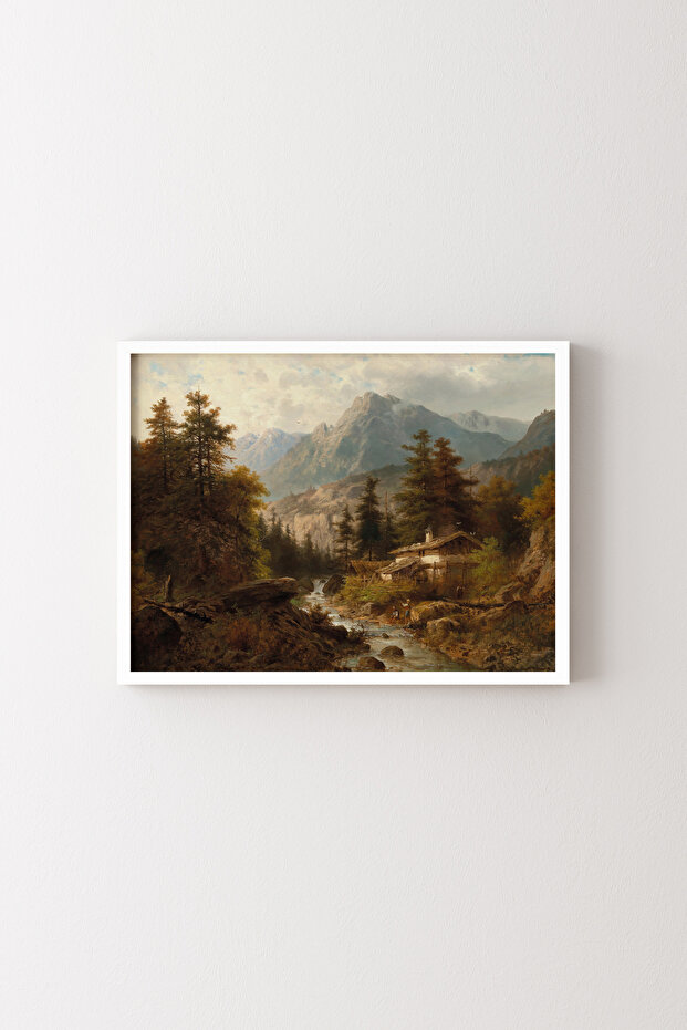 Mountain Landscape with a Fisherman in a Derive - White Frame