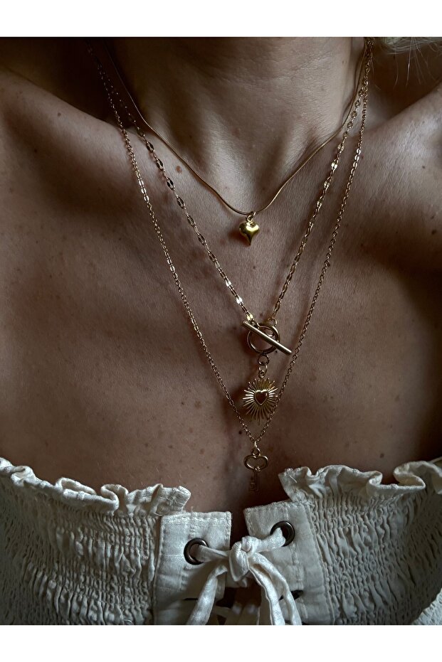 Stainless Steel Gold 3-Piece Heart&Key Necklace Set