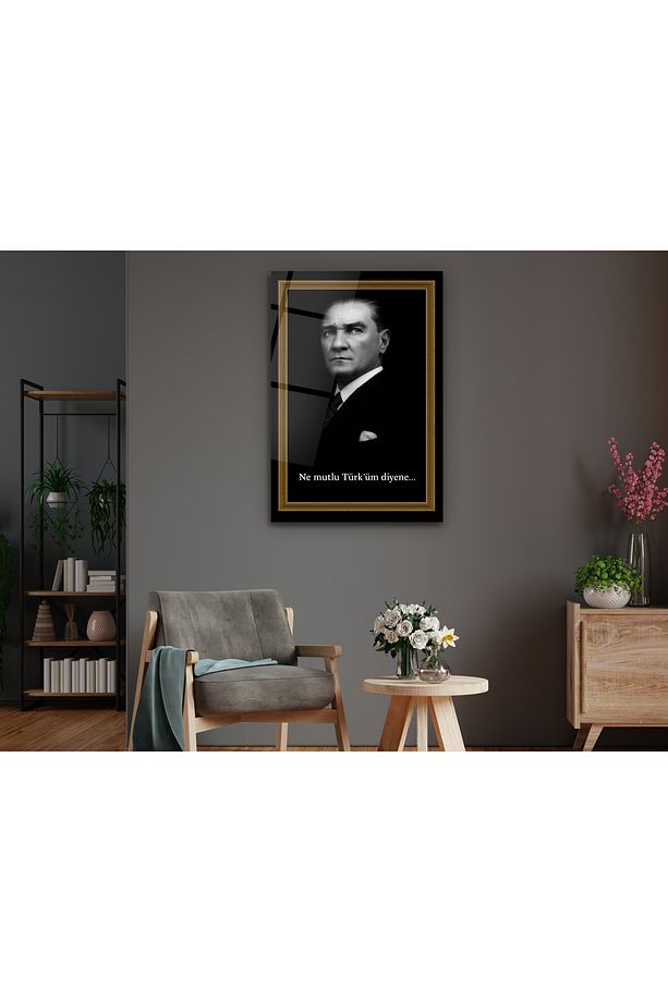 Atatürk Portresi Cam Tablo - Ne Mutlu Türk'üm Diyene Atatürk Tablosu - Ev ve Ofis Dekoru - 5
