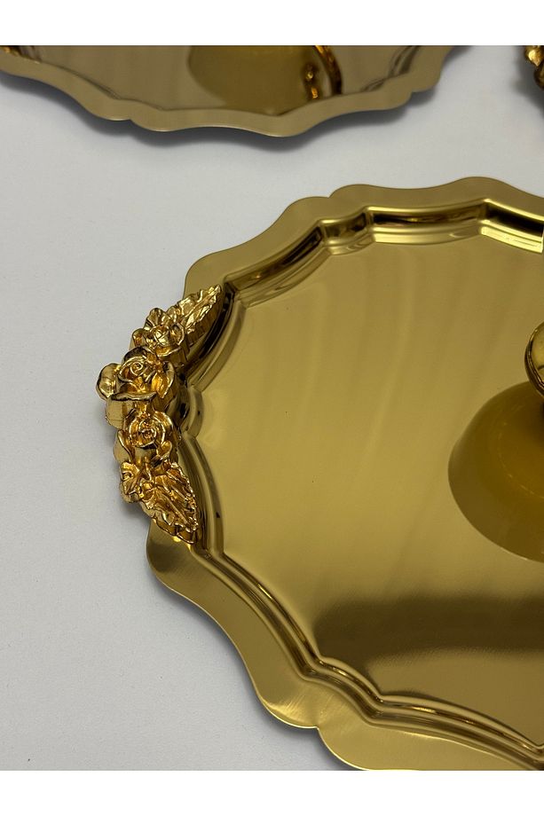 3 ADET GOLD RENK YUVARLAK DALGALI MODEL KULPLU SUNUM TEPSİSİ - 2