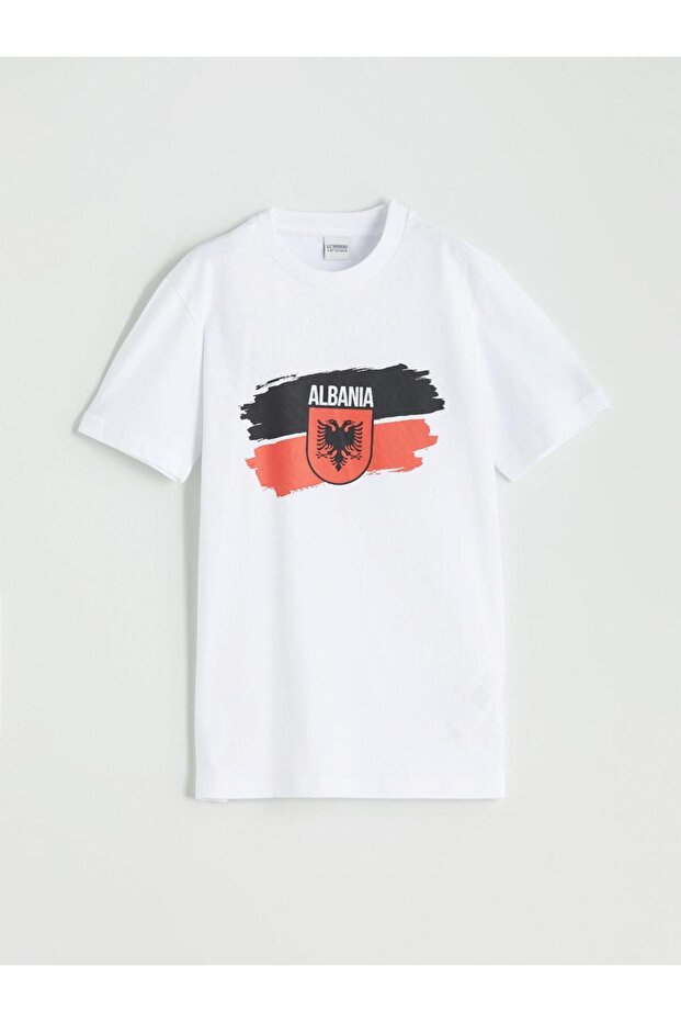 Nevavm Oval Collar Albania Printed Boys' T-Shirt with Difference