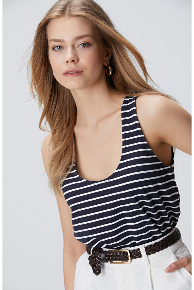 Lacivert Çizgili Örme Atlet - 2