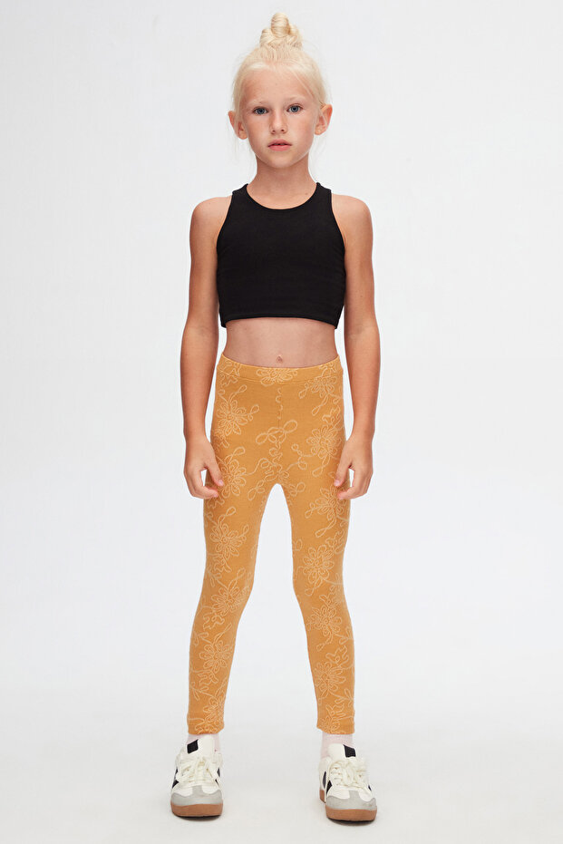Mustard Flower Pattern Jacquard Girl's Full Length Leggings