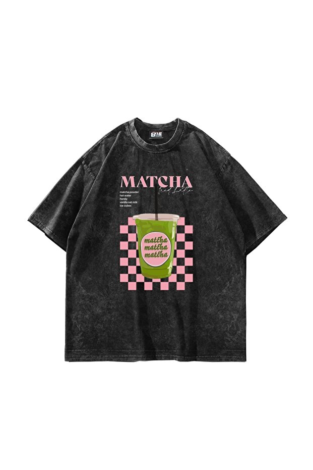 تيشيرت أسود كبير الحجم مطبوع عليه Matcha Iced Latte للجنسين قابل للغسل