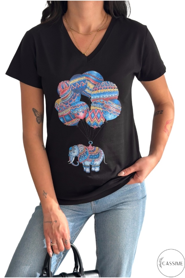 Women's Black Balloon Elephant Pattern Colorful Sequins Sequin Embroidered V-Neck 100% Cotton T-Shirt