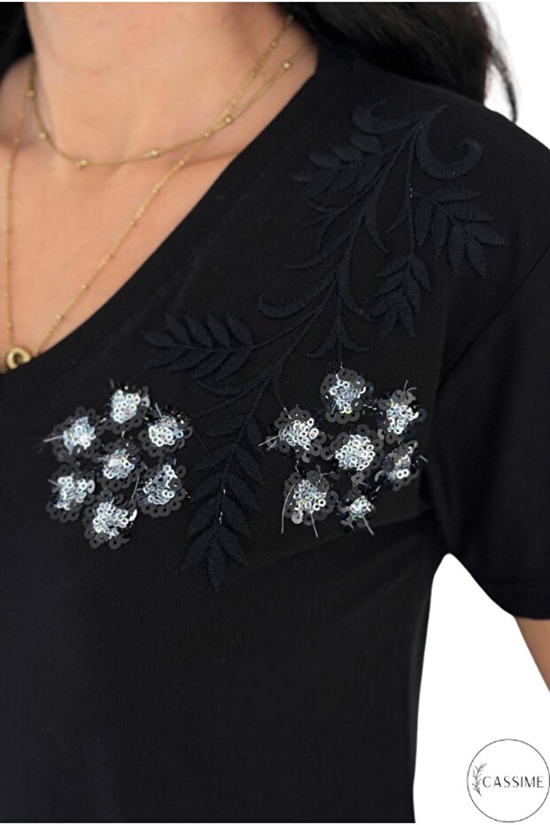 Women's Black Shoulder Flower Sequin Sequin Embroidered Short Sleeve 100% Cotton T-Shirt S-M-L
