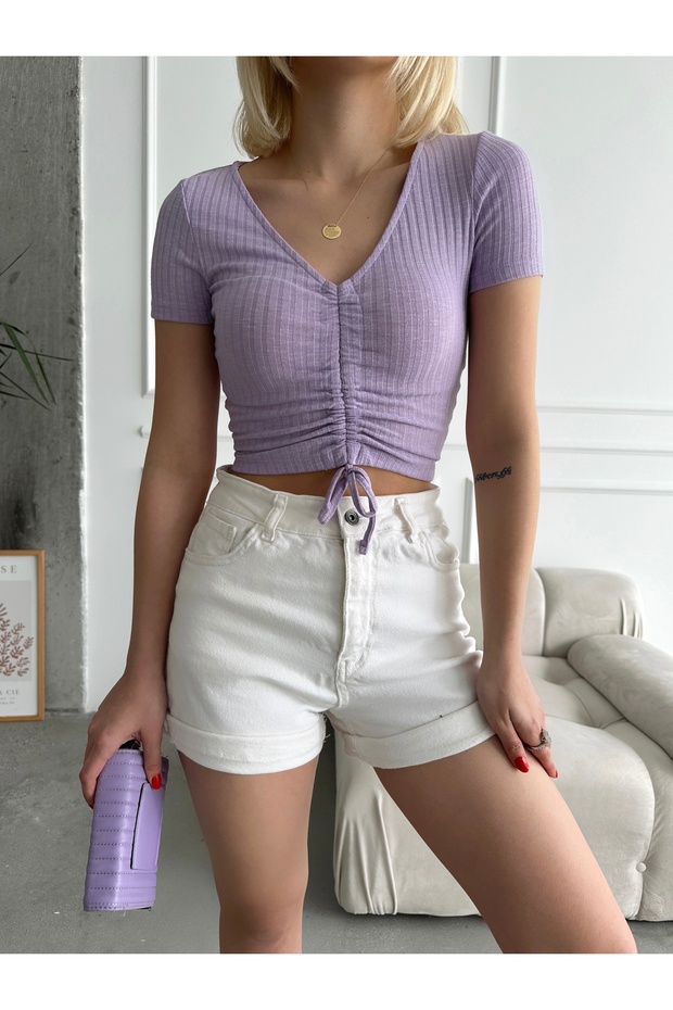 Women's Lilac V Neck Short Sleeve Viscose Elasthane Drawstring Shirring Camisole Crop