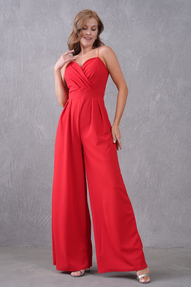 New Season Wide Leg Double Breasted Collar Stretchy Crepe Fabric Strap Long Evening Dress Women's Jumpsuit 582101