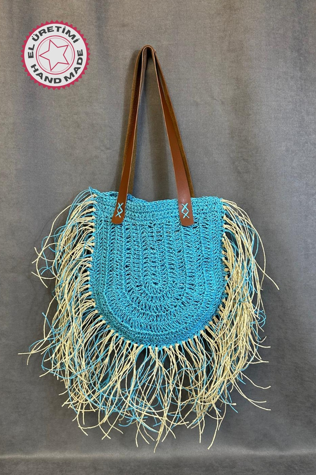 - Ayşe 4723 3374 Hand Knitted Colorful Tasseled Paper Thread Women's Shoulder Bag / Blue
