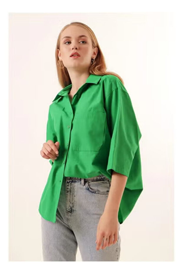 Oversize Long Basic Shirt With Pocket - 1