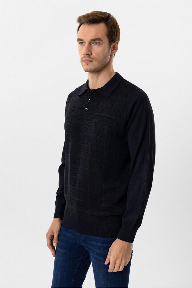 Regular Kalıp Desenli Polo Yaka Yünlü Triko Kazak - 2