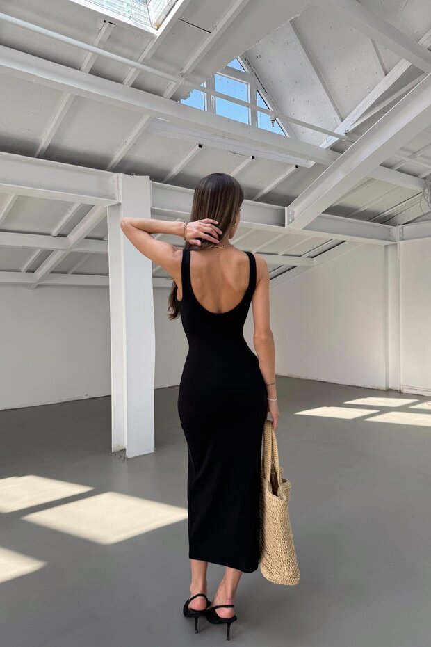 V Yaka Basic Elbise Siyah - 4