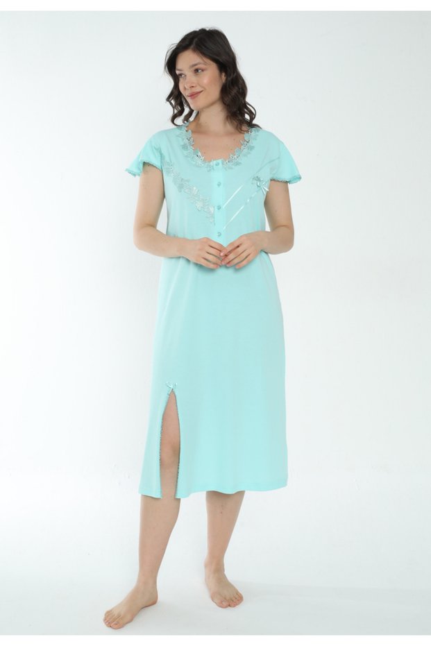 Women's 100% Cotton Short Sleeve Midi Length Nightgown / Blue 544