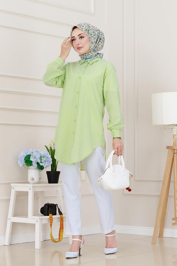 Göğüsü Taş Detaylı Oversize Tunik-Sarı - 3