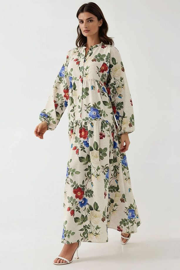 Çiçek Desenli Keten Görünümlü Modest Elbise - 5