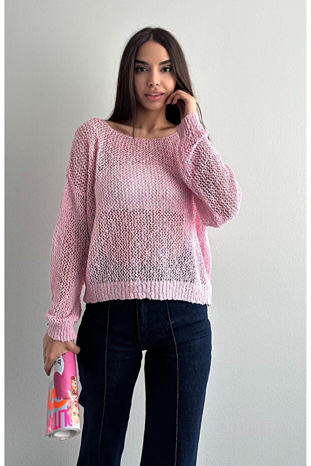 Böcek Örgü Pembe Transparan Kazak - 1