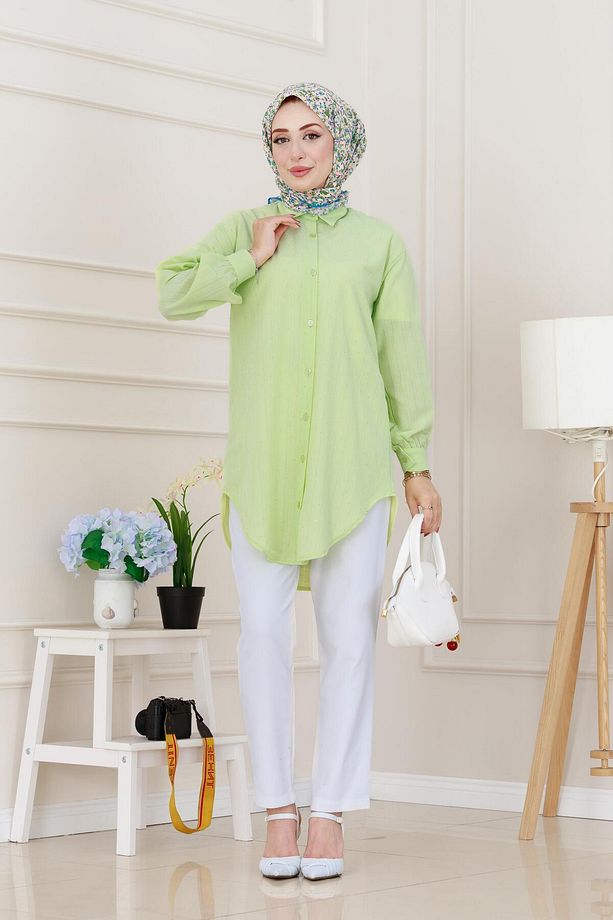 Göğüsü Taş Detaylı Oversize Tunik-Sarı - 2