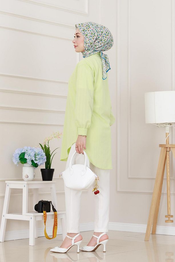 Göğüsü Taş Detaylı Oversize Tunik-Sarı - 5