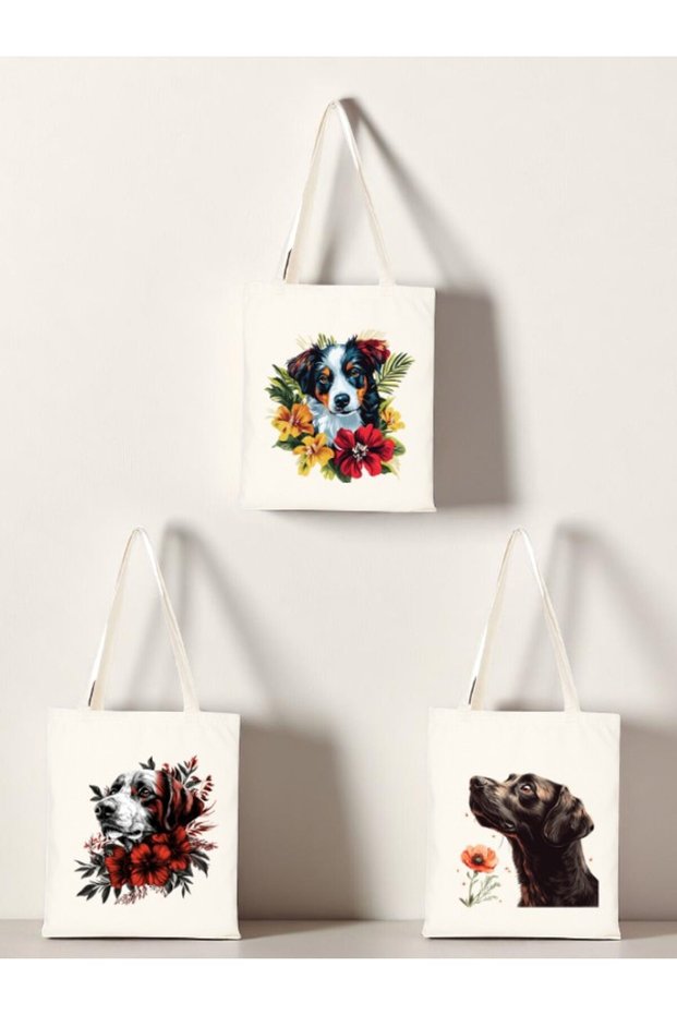 Flower and Dog Printed Cloth Bag 3-Piece Shoulder Bag - Birthday Gift for Women Gift Product Goods