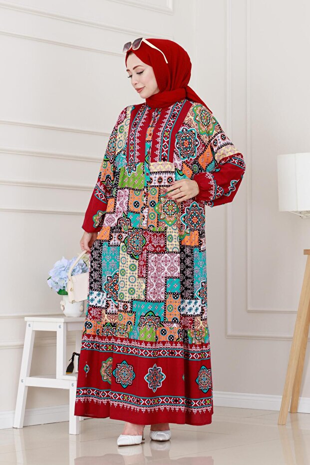 Half Button Robe Patch Pattern Dress-Burgundy - 2