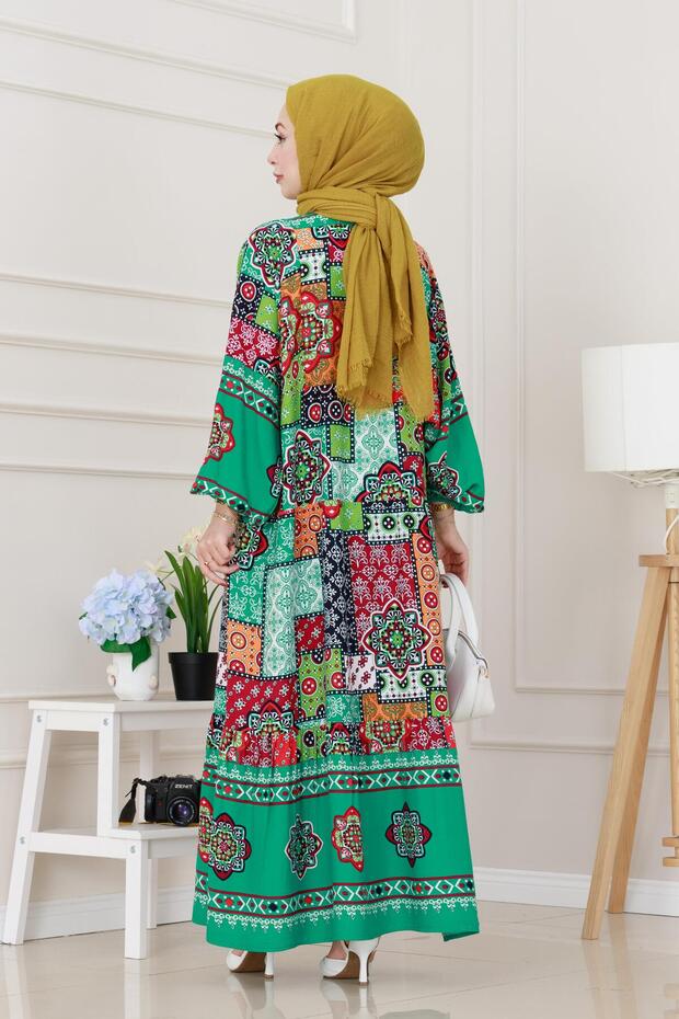 Half Button Robe Patch Pattern Dress-Green - 5