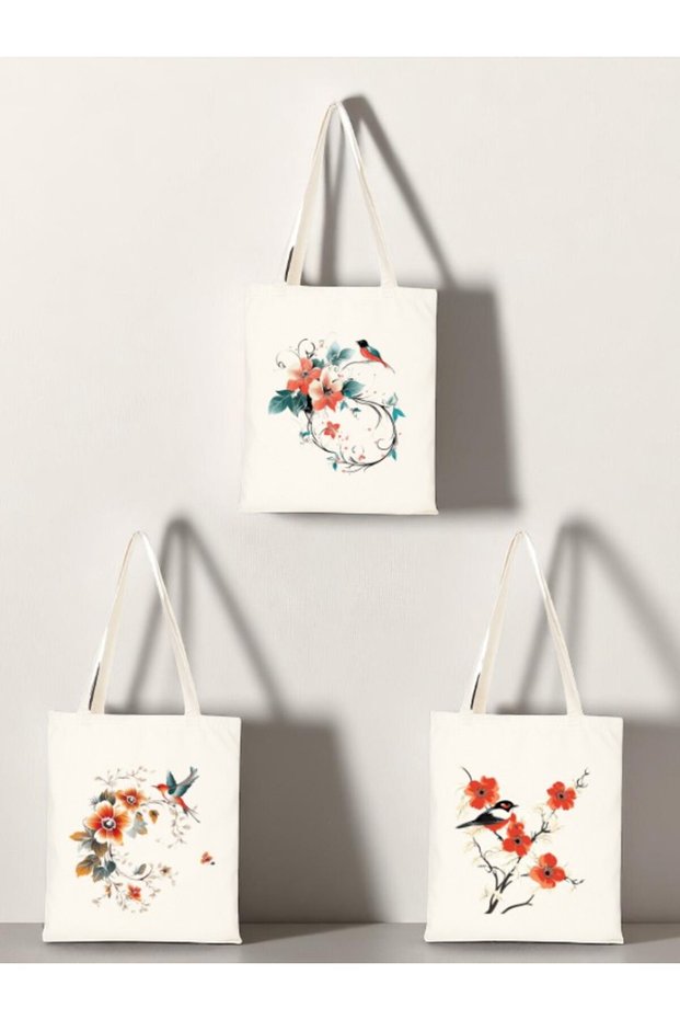 Flower and Bird Printed Cloth Bag 3-Piece Shoulder Bag - Birthday Gift for Women Gift Product Goods