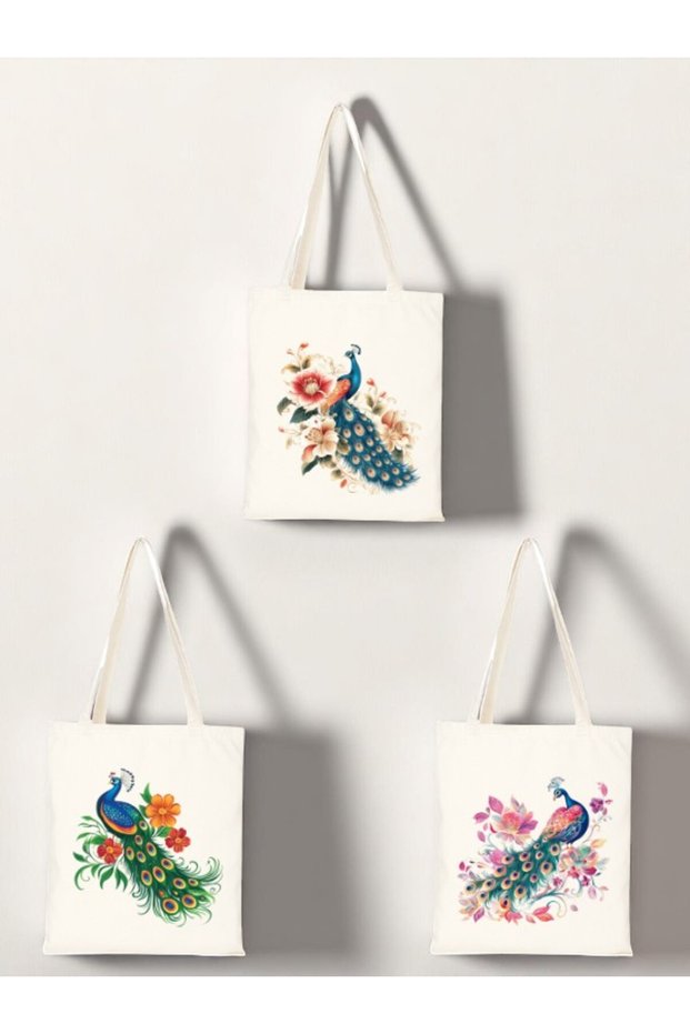 Flower and Peacock Printed Cloth Bag 3-Piece Shoulder Bag - Birthday Gift for Women Gift Product