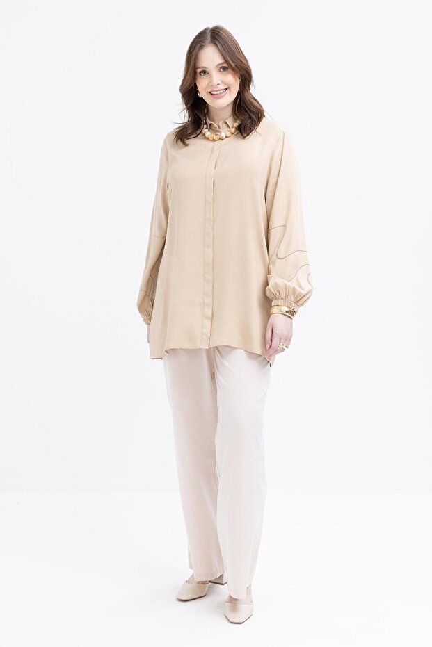 Beige-Chain Embroidered Sleeve Elastic Plus Size Shirt