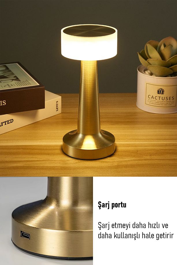 Gold Renk Şarjlı LED Masa Lambası Type-C Girişli Dokunmatik 3 Işık Modlu Gece Aydınlatması - 4