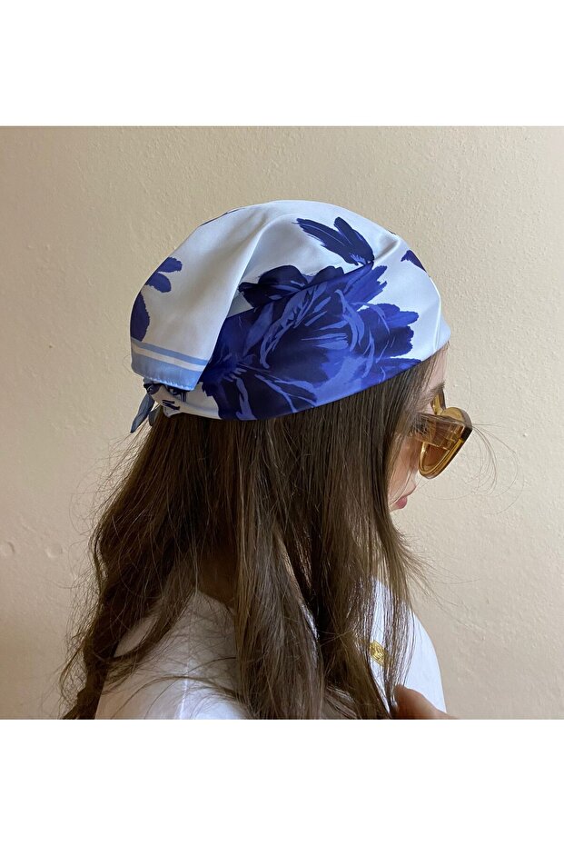 Navy Blue White Floral Patterned Rayon Satin Bandana - Summer Hair Accessory - Scarf - Gift 50*50 cm
