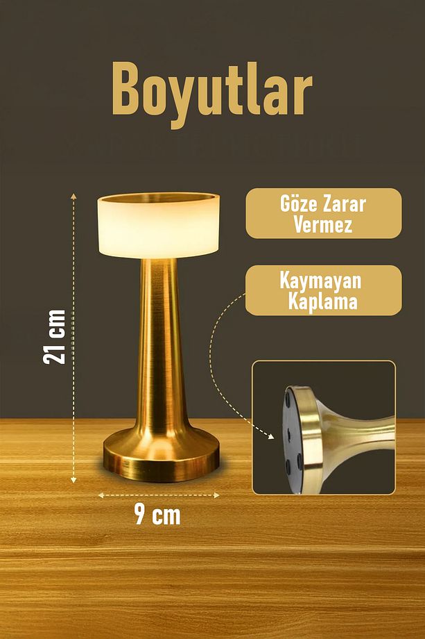 Gold Renk Şarjlı LED Masa Lambası Type-C Girişli Dokunmatik 3 Işık Modlu Gece Aydınlatması - 7