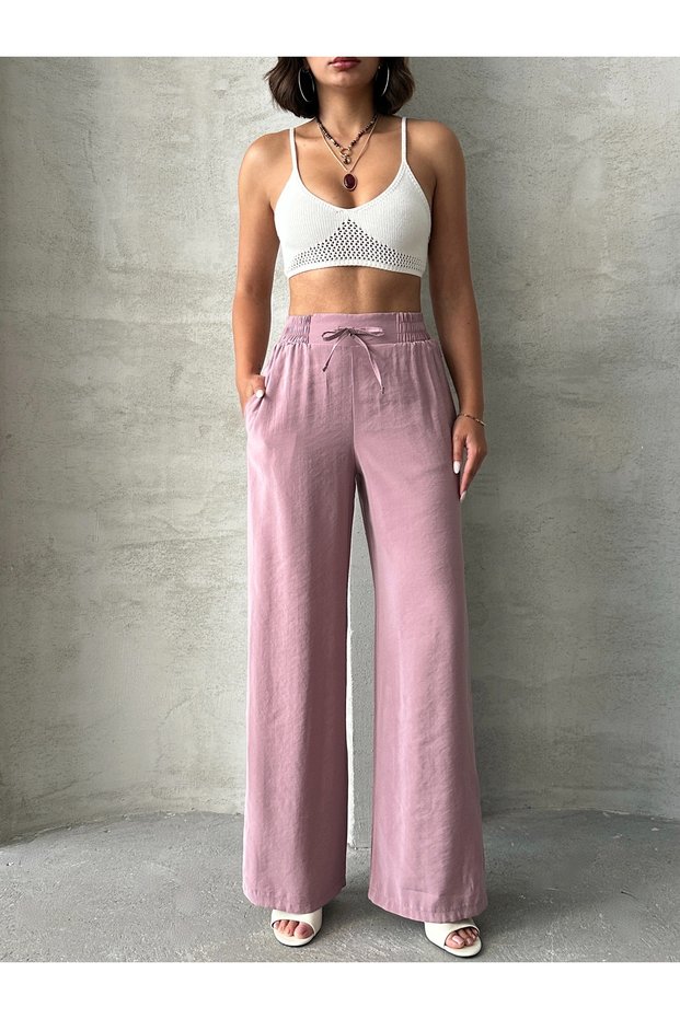 Wide Leg Draped Summer Pants with Waist Tie and Waist Elastic Misspnt2659