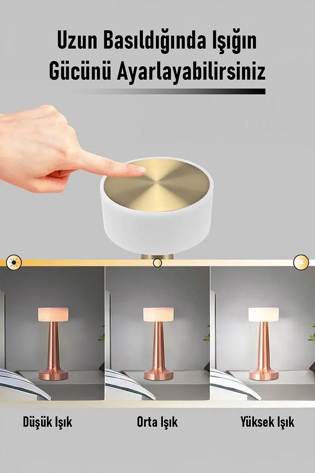 Gold Renk Şarjlı LED Masa Lambası Type-C Girişli Dokunmatik 3 Işık Modlu Gece Aydınlatması - 3