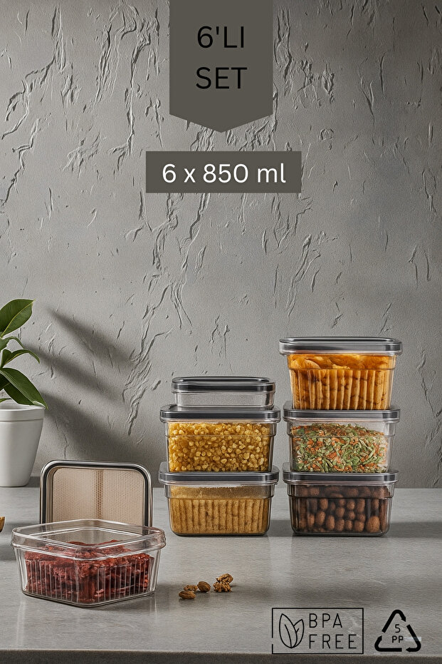 6 Piece Storage Container Set with Gaskets and Leak-Proof Lids – Refrigerator and Dry Food Compatible 6X850 ml