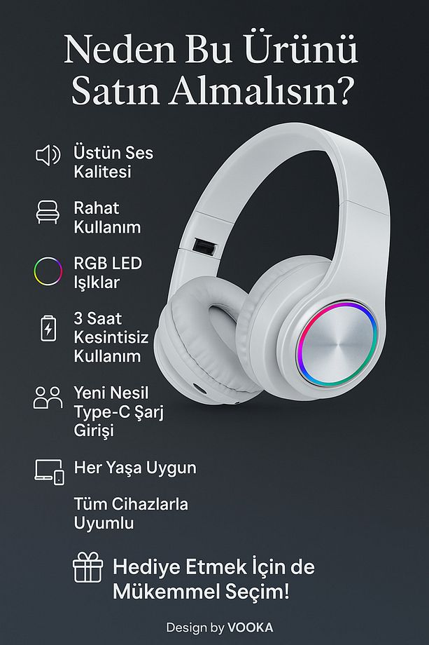 RGB Işıklı Kablosuz Bluetooth Kulak Üstü Kulaklık | Müzik, Oyun, Mikrofonlu, Katlanabilir - 6