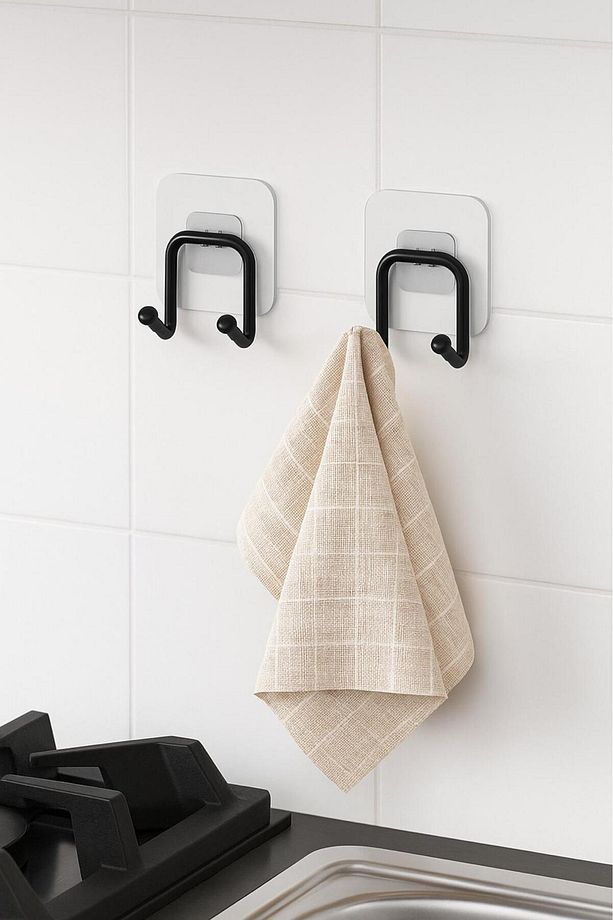 Güçlü Yapışkanlı 2 Adet Çift Kancalı Banyo Mutfak Askısı Metal Askılık Duvar Askı Organizer - 1