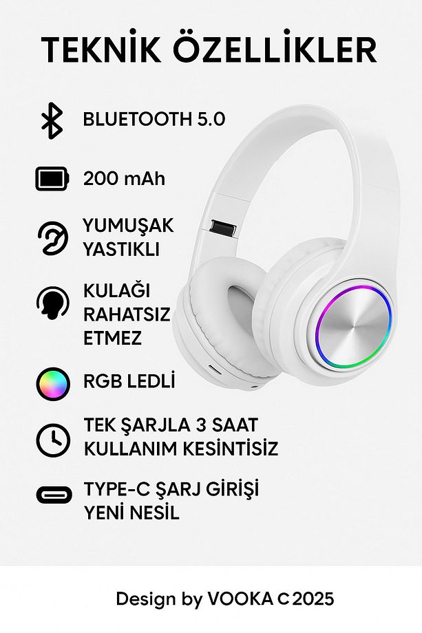 RGB Işıklı Kablosuz Bluetooth Kulak Üstü Kulaklık | Müzik, Oyun, Mikrofonlu, Katlanabilir - 7
