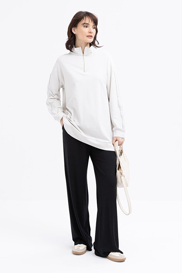 Stone-Arabic Zippered Lycra Sweat