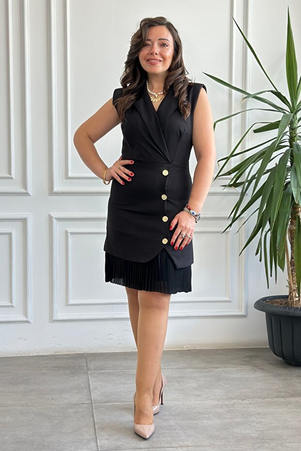 Jacket Collar Button and Pleat Detailed Dress