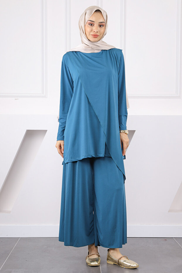 Petrol Green Front Detailed Sandy Tunic Trousers Set