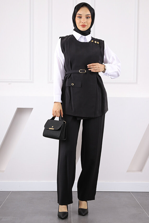 Black Waist Belted Vest and Trousers Suit