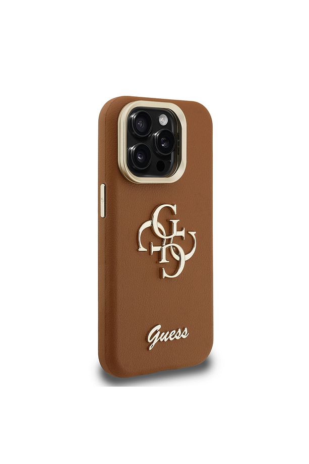iPhone 15 Pro Max Uyumlu Kılıf Guess Lisanslı Grained Yazı Logolu Kamera Standlı Kapak Kahverengi - 3