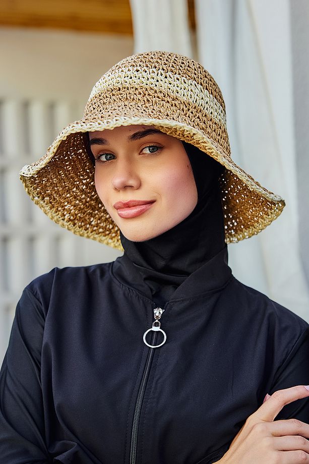 İki Renk Şerit El Örgüsü Hasır Şapka Plaj Şapkası RŞ-102 Camel Bej 2099 - 6