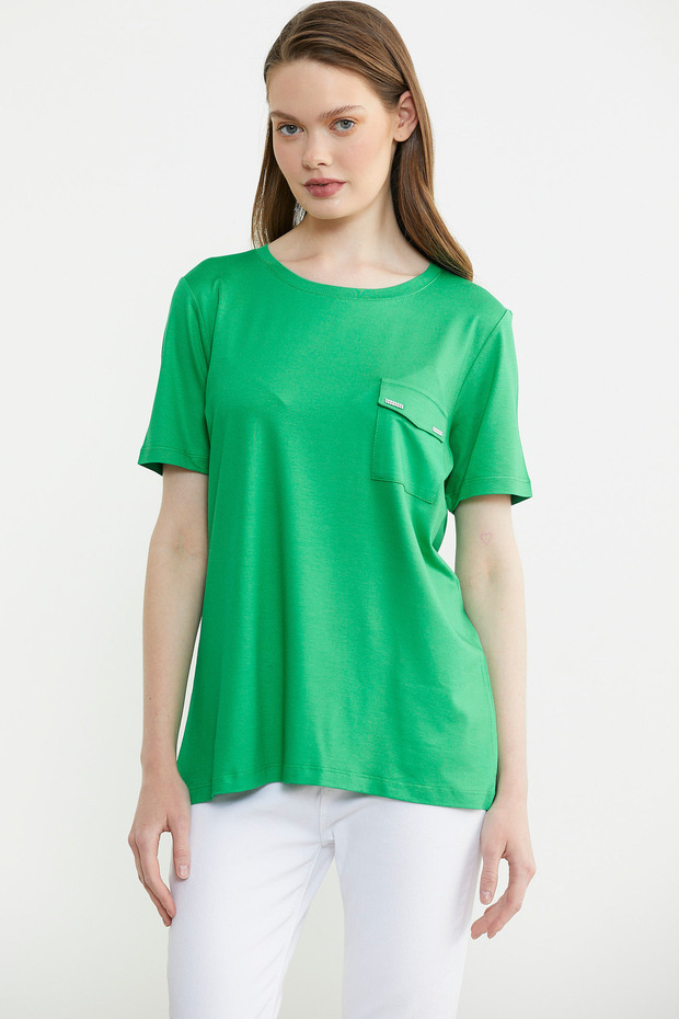 Crew Neck Combed Cotton T-Shirt with Pocket Detail - Green