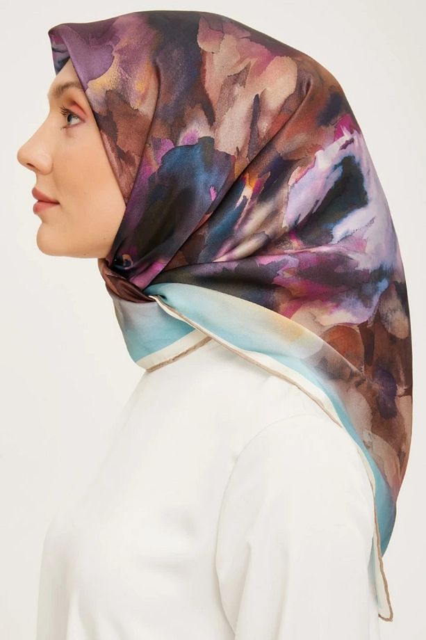 Nostalji Serisi Twill İpek Eşarp 9033D-36 Çiçekli Desen BEBE MAVİSİ-VİZON - 4