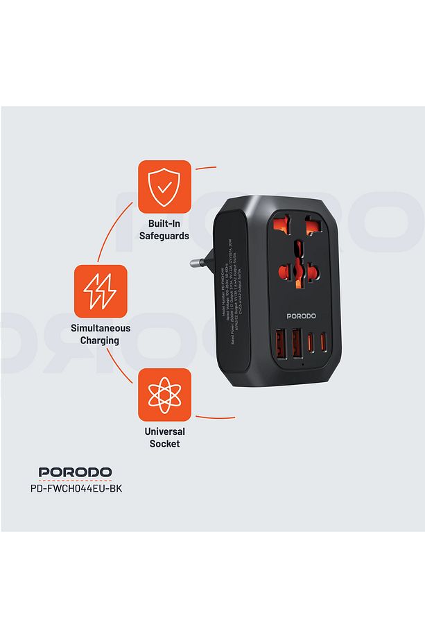 Evrensel Prizli Seyahat Adaptörü, 2500W AC, PD 20W Hızlı Şarj, 2 USB-C ve 2 USB-A Portu Avrupa Fişli - 2
