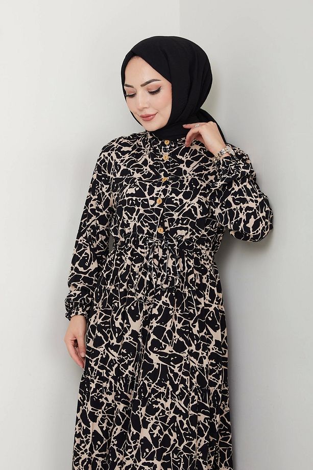 Fırça Desen Yarım Düğmeli Elbise siyah - 3